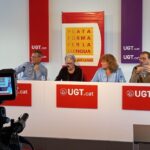 Roda de premsa conjunta UGT-Plataforma per la Llengua el 2023 per denunciar que llavors no s'impartia cap hora de català als estudis d'FP | PLl