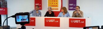 Roda de premsa conjunta UGT-Plataforma per la Llengua el 2023 per denunciar que llavors no s'impartia cap hora de català als estudis d'FP | PLl